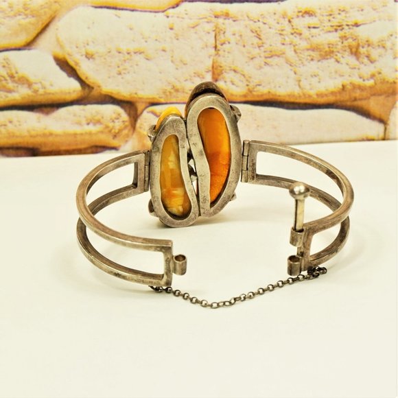 SUPER RARE MODERNIST AMBER STERLING BRACELET, HEAVY HINGED BANGLE 7" - Picture 6 of 11